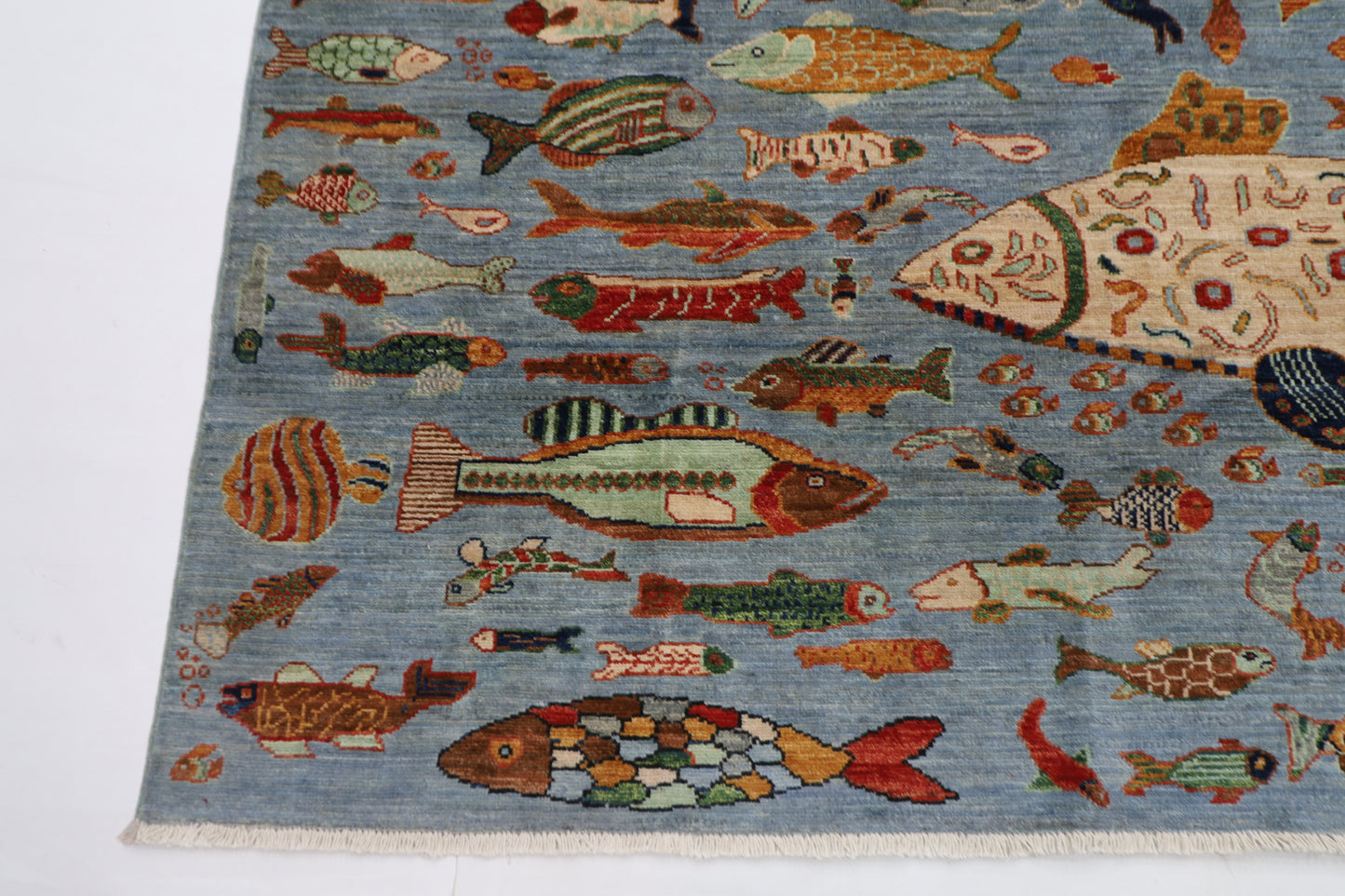 181 x 276 cm | Fish Party Afghan Tribal Hand Knotted Natural Veg Dye Wool Carpet