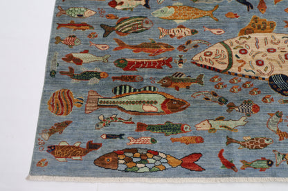 181 x 276 cm | Fish Party Afghan Tribal Hand Knotted Natural Veg Dye Wool Carpet