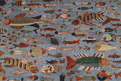 181 x 276 cm | Fish Party Afghan Tribal Hand Knotted Natural Veg Dye Wool Carpet
