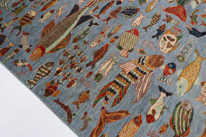 181 x 276 cm | Fish Party Afghan Tribal Hand Knotted Natural Veg Dye Wool Carpet