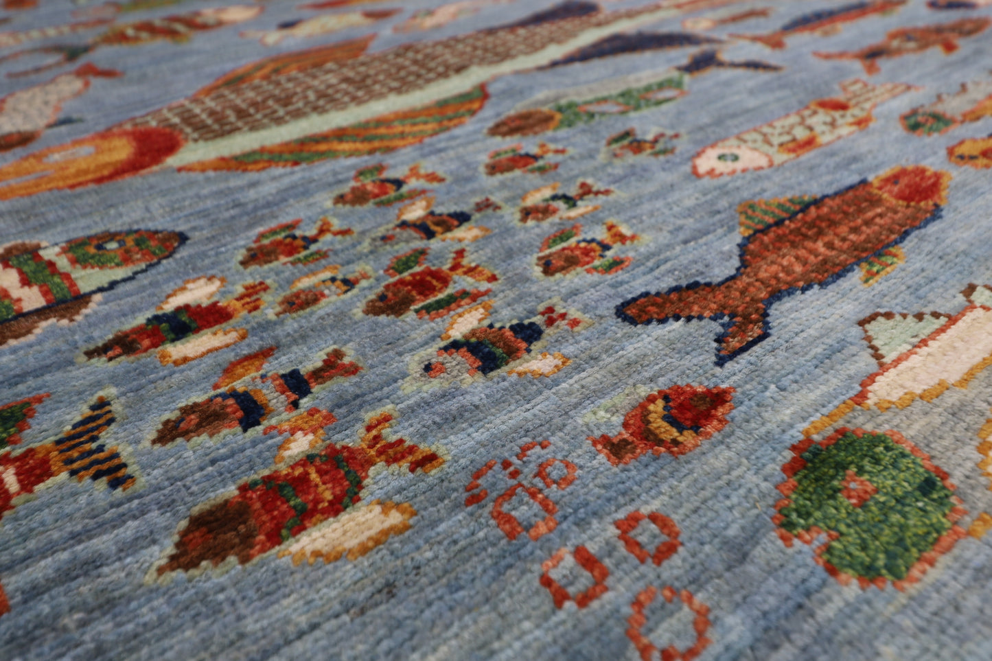 181 x 276 cm | Fish Party Afghan Tribal Hand Knotted Natural Veg Dye Wool Carpet