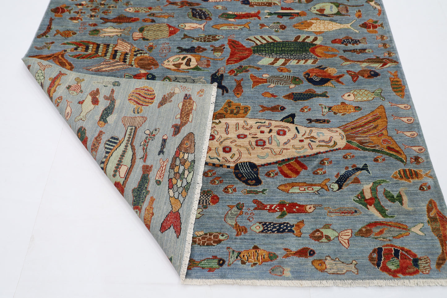 181 x 276 cm | Fish Party Afghan Tribal Hand Knotted Natural Veg Dye Wool Carpet