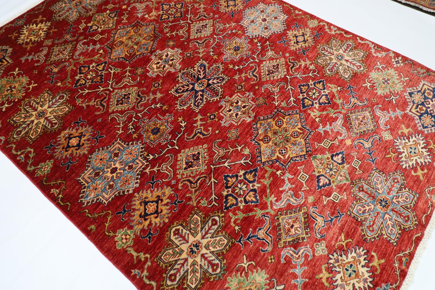 172 x 240 cm | Kazak Afghan Tribal Hand Knotted Veg Dye Wool Carpet