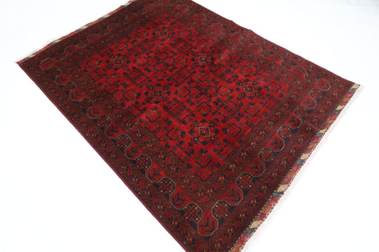 156 x 205 cm | Red Area Rug Afghan Hand Knotted Veg Dye Wool carpet