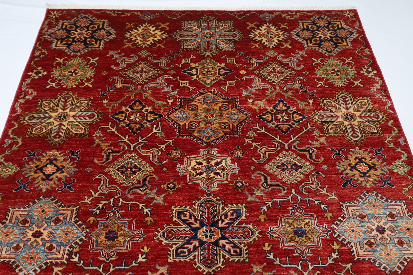 172 x 240 cm | Kazak Afghan Tribal Hand Knotted Veg Dye Wool Carpet