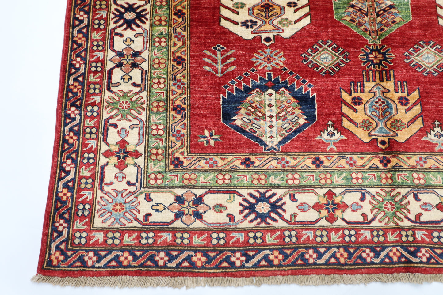 172 x 238 cm | Kazak Afghan Tribal Hand Knotted Veg Dye Wool Carpet