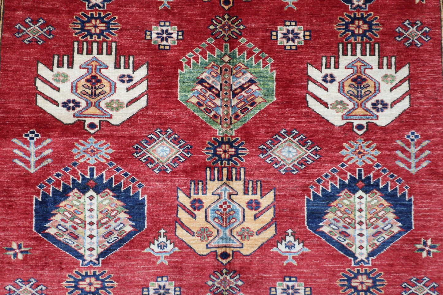 172 x 238 cm | Kazak Afghan Tribal Hand Knotted Veg Dye Wool Carpet