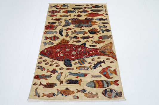 100 x 154 cm | Fish Party Afghan Tribal Hand Knotted Natural Veg Dye Wool Carpet