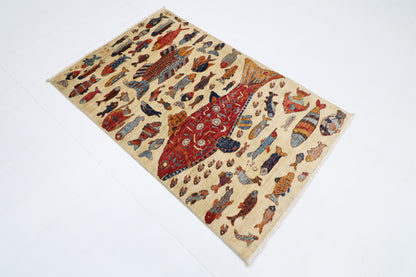 100 x 154 cm | Fish Party Afghan Tribal Hand Knotted Natural Veg Dye Wool Carpet