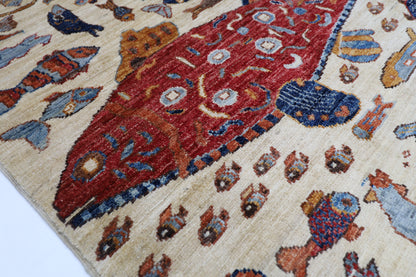 100 x 154 cm | Fish Party Afghan Tribal Hand Knotted Natural Veg Dye Wool Carpet