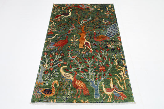 99 x 154 cm | Birds Green Afghan Tribal Hand Knotted Natural Veg Dye Wool Carpet