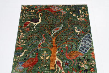99 x 154 cm | Birds Green Afghan Tribal Hand Knotted Natural Veg Dye Wool Carpet