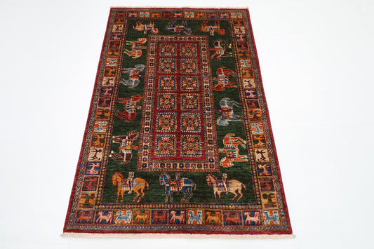 101 x 153 cm | Pazyryk Green Afghan Tribal Hand Knotted Natural Veg Dye Wool Carpet