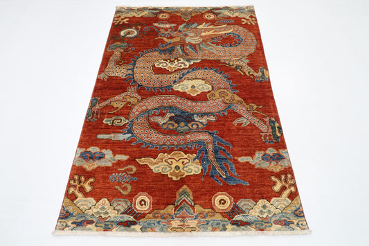 121 x 178 cm | Chinese Dragon Afghan Tribal Hand Knotted Natural Veg Dye Wool Carpet