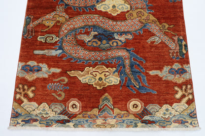 121 x 178 cm | Chinese Dragon Afghan Tribal Hand Knotted Natural Veg Dye Wool Carpet