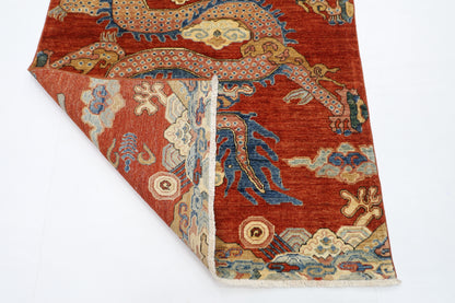 121 x 178 cm | Chinese Dragon Afghan Tribal Hand Knotted Natural Veg Dye Wool Carpet