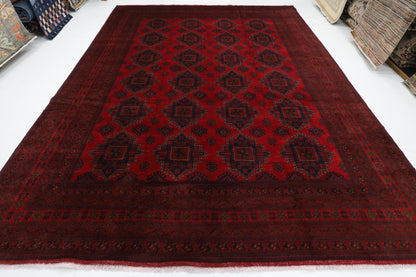 303 x 402 cm | Large Geometric Red Area Rug Afghan Hand Knotted Wool carpet