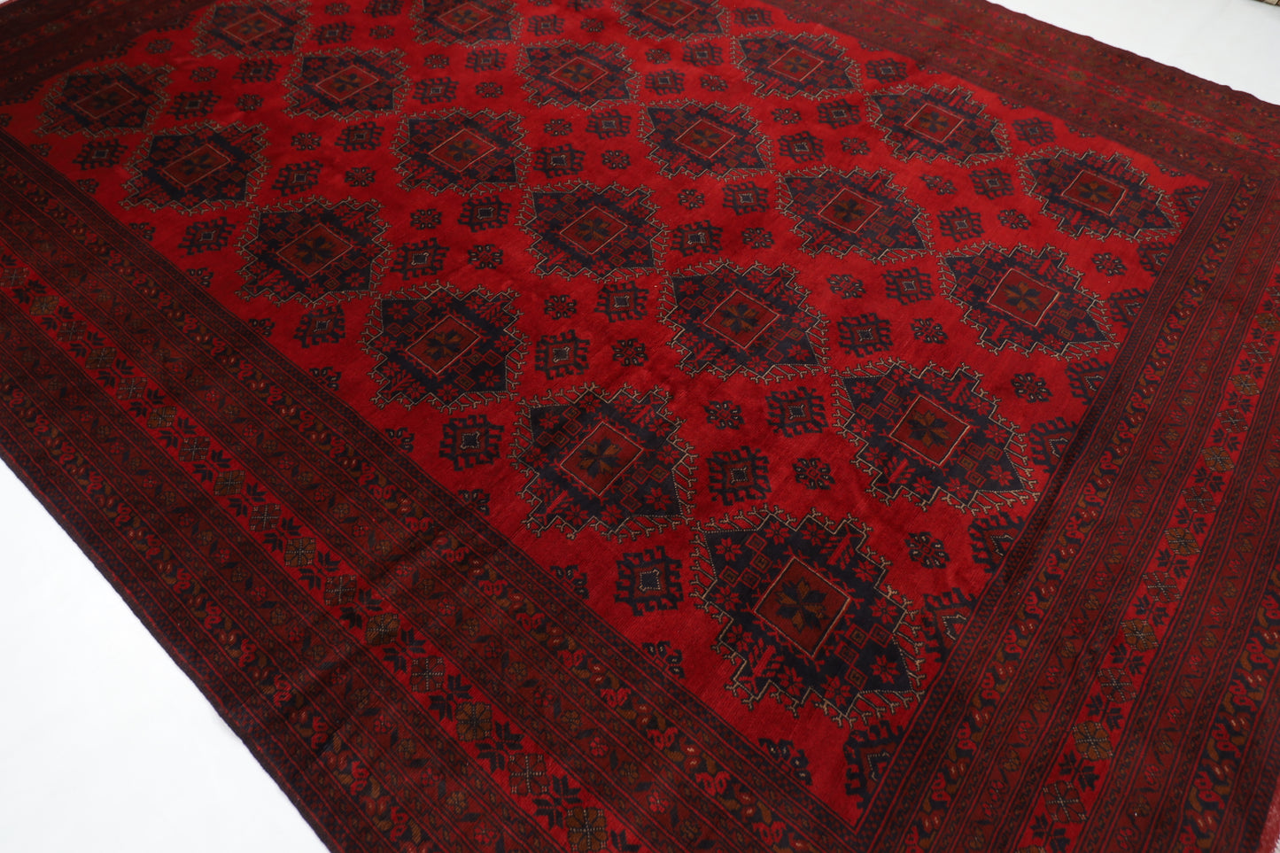 303 x 402 cm | Large Geometric Red Area Rug Afghan Hand Knotted Wool carpet
