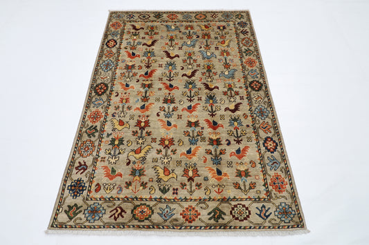 123 x 177 cm | Birds Afghan Tribal Hand Knotted Natural Veg Dye Wool Carpet