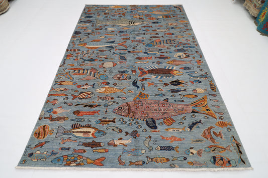 183 x 270 cm | Fish Party Afghan Tribal Hand Knotted Natural Veg Dye Wool Carpet