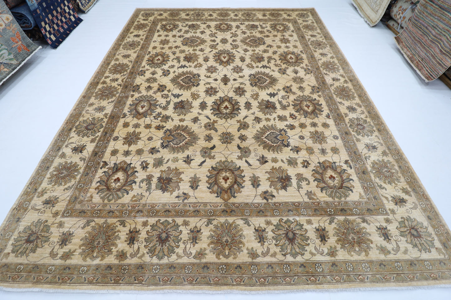 275 x 365 cm | Floral beige Area Rug Afghan Hand Knotted Veg Dye Wool carpet