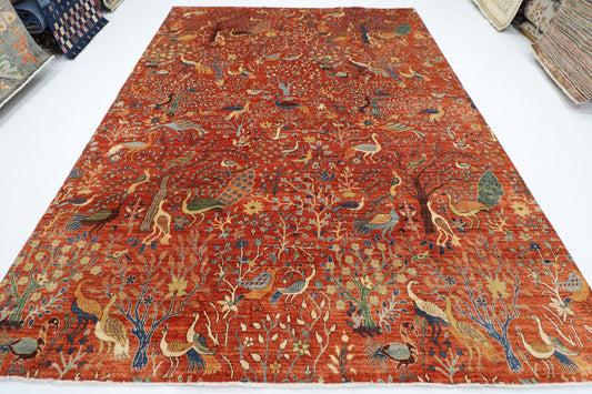 270 x 355 cm | Birds Orange Area Rug Afghan Hand Knotted Veg Dye Wool carpet