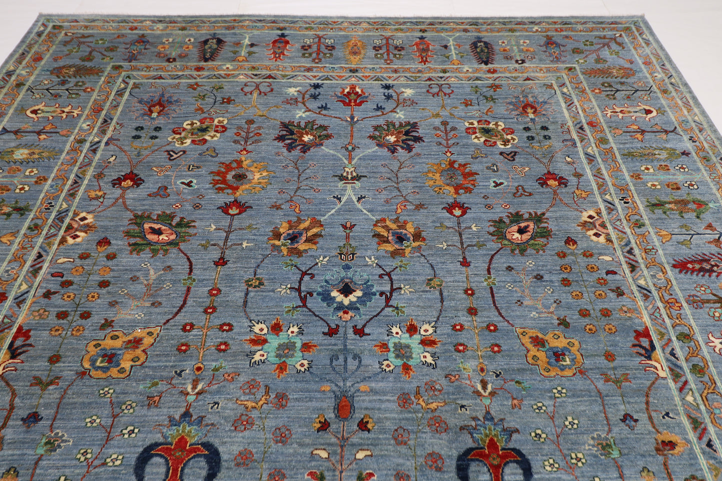 274 x 362 cm | Floral Gray Area Rug Afghan Hand Knotted Veg Dye Wool carpet