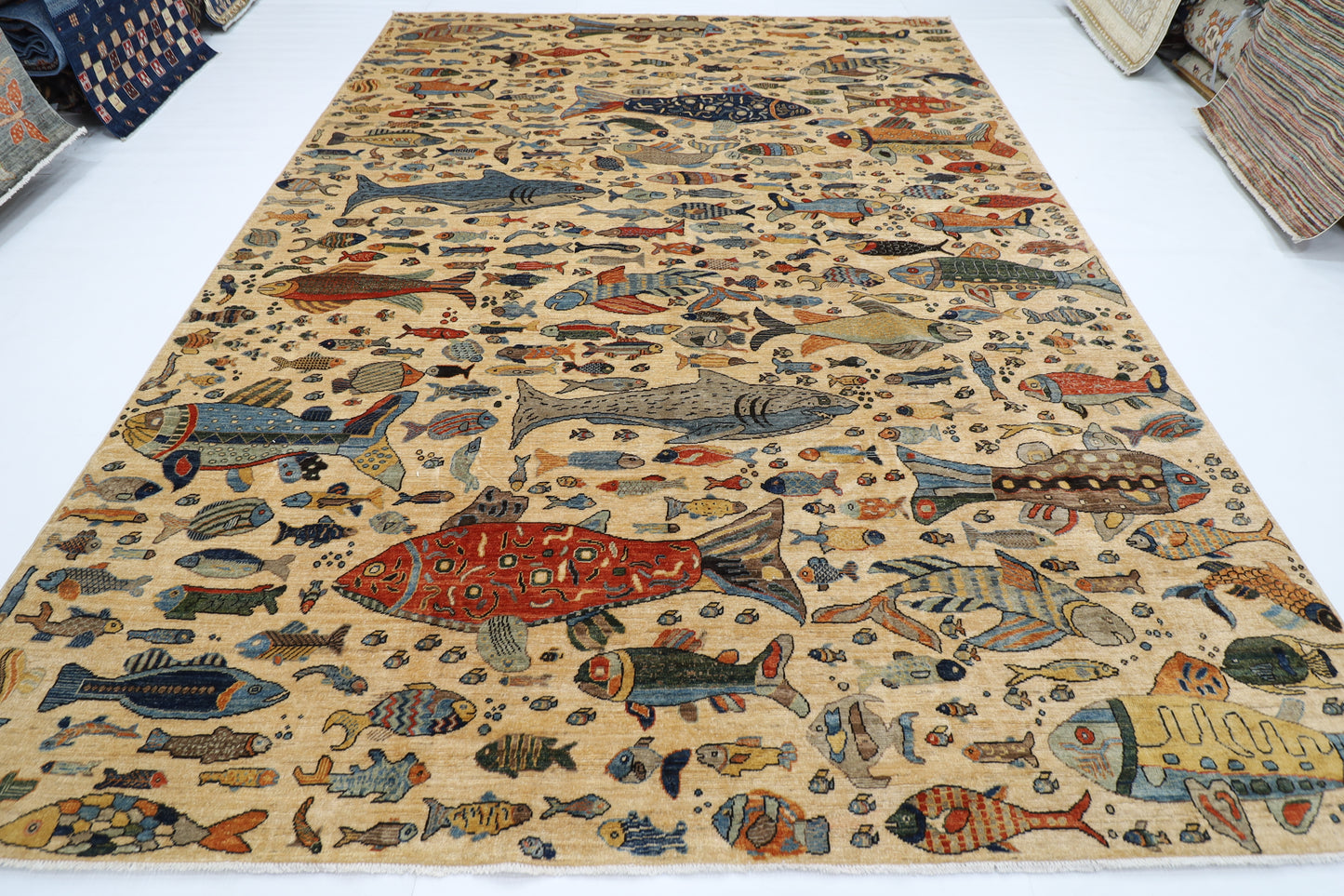 273 x 366 cm | Oriental Fish Beige Area Rug Afghan Hand Knotted Veg Dye Wool carpet