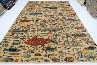 273 x 366 cm | Oriental Fish Beige Area Rug Afghan Hand Knotted Veg Dye Wool carpet