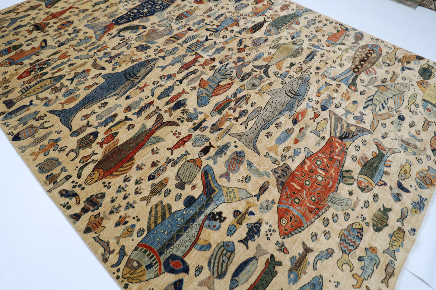 273 x 366 cm | Oriental Fish Beige Area Rug Afghan Hand Knotted Veg Dye Wool carpet