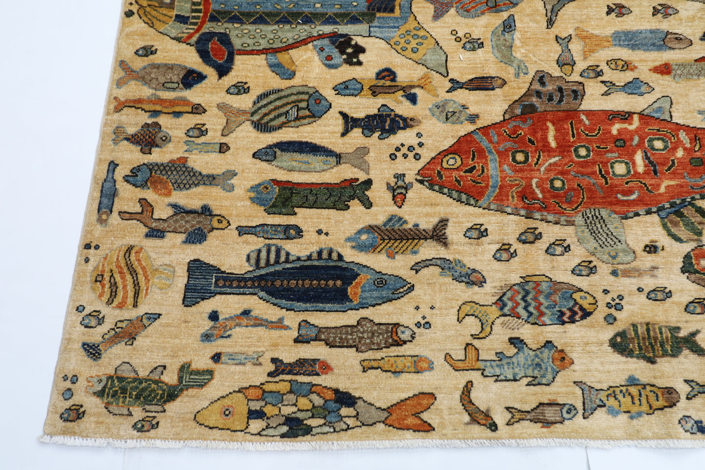 273 x 366 cm | Oriental Fish Beige Area Rug Afghan Hand Knotted Veg Dye Wool carpet