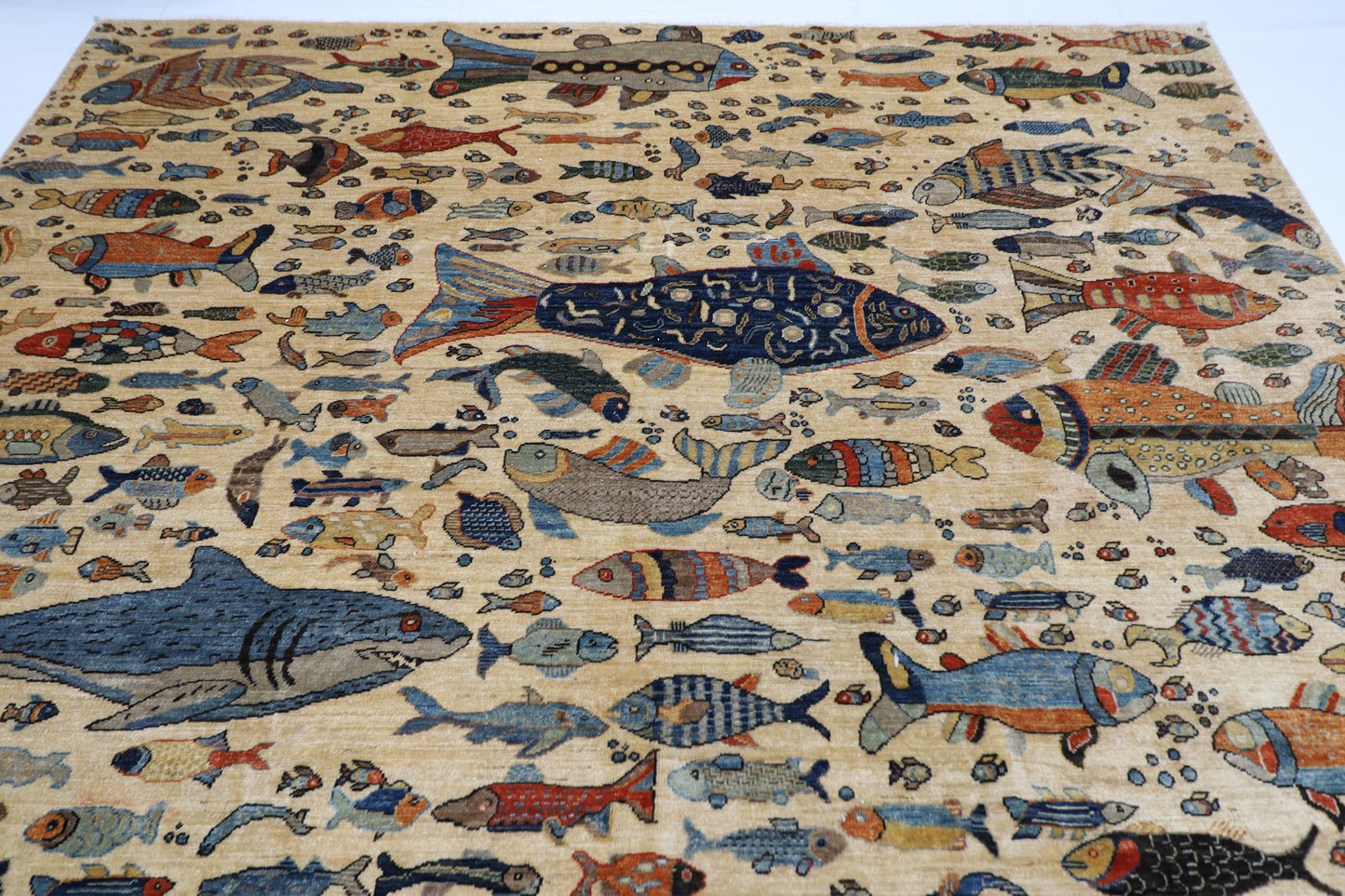 273 x 366 cm | Oriental Fish Beige Area Rug Afghan Hand Knotted Veg Dye Wool carpet