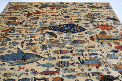273 x 366 cm | Oriental Fish Beige Area Rug Afghan Hand Knotted Veg Dye Wool carpet
