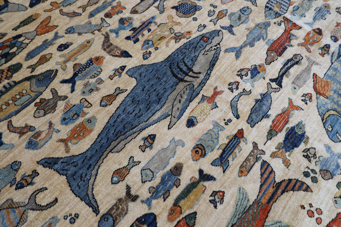 273 x 366 cm | Oriental Fish Beige Area Rug Afghan Hand Knotted Veg Dye Wool carpet