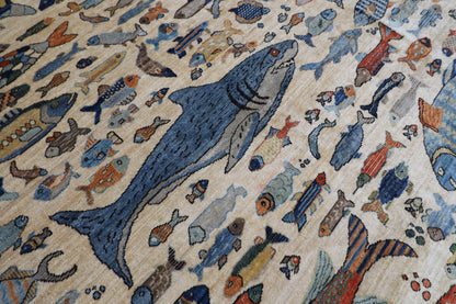 273 x 366 cm | Oriental Fish Beige Area Rug Afghan Hand Knotted Veg Dye Wool carpet