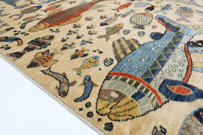 273 x 366 cm | Oriental Fish Beige Area Rug Afghan Hand Knotted Veg Dye Wool carpet