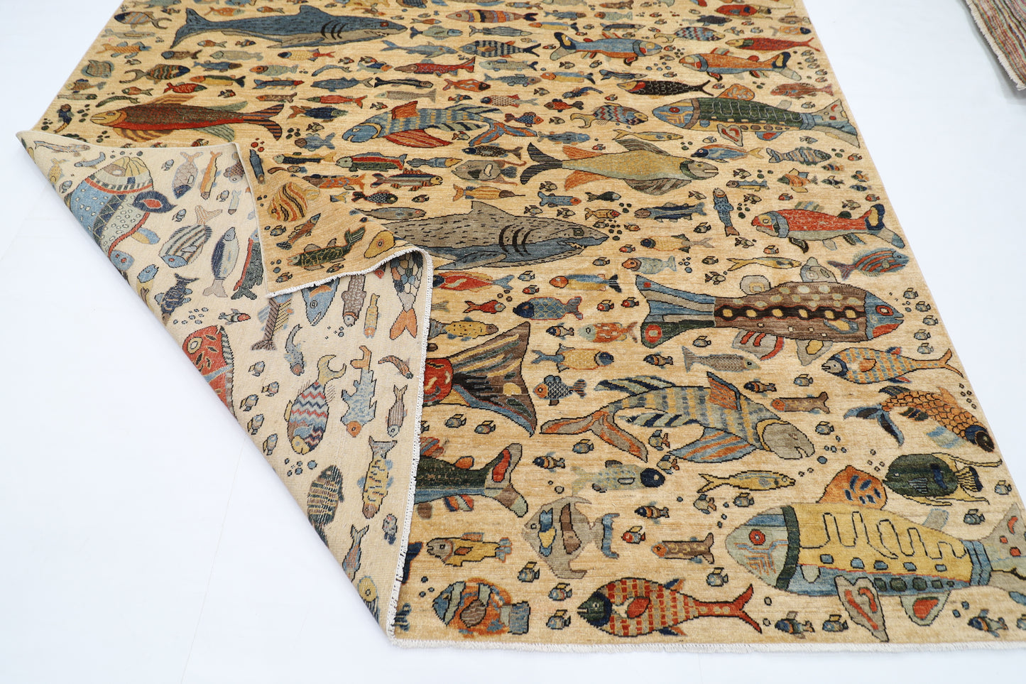 273 x 366 cm | Oriental Fish Beige Area Rug Afghan Hand Knotted Veg Dye Wool carpet