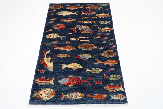 103 x 154 cm | Fish Party Afghan Hand Knotted Carpet
