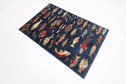 103 x 154 cm | Fish Party Afghan Hand Knotted Carpet