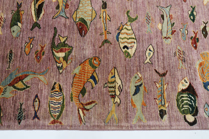 204 x 300 cm | Oriental Fish Pink Area Rug Afghan Hand Knotted Veg Dye Wool carpet