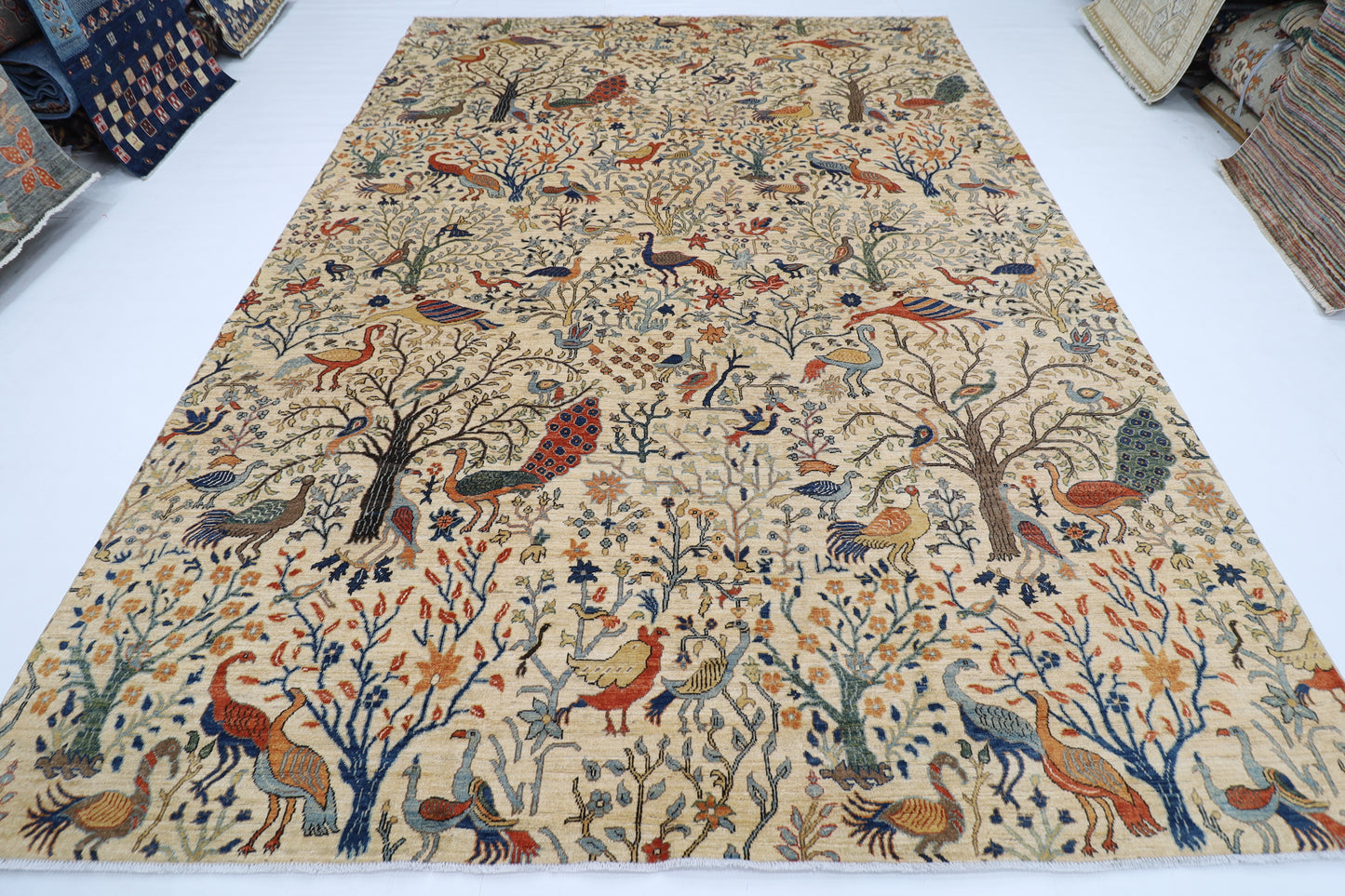 271 x 367 cm | Oriental Birds Beige Area Rug Afghan Hand Knotted Veg Dye Wool carpet