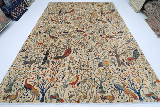 271 x 367 cm | Oriental Birds Beige Area Rug Afghan Hand Knotted Veg Dye Wool carpet