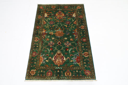88 x 132 cm | Sultani Green Afghan Hand Knotted Carpet