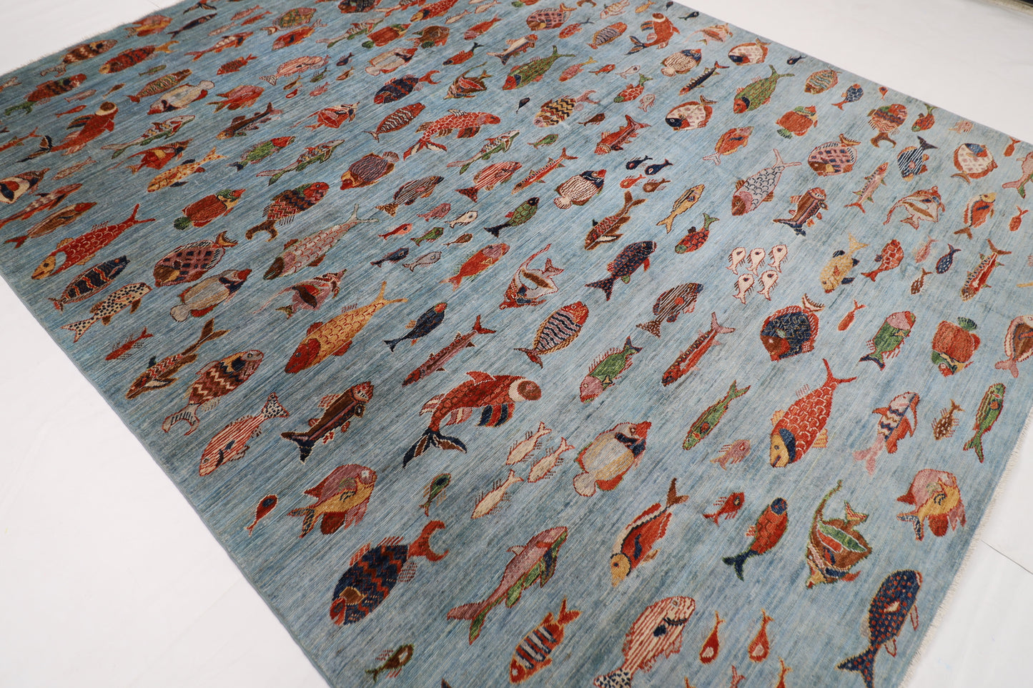 244 x 308 cm | Fish Blue Area Rug Afghan Hand Knotted veg Dye Wool carpet