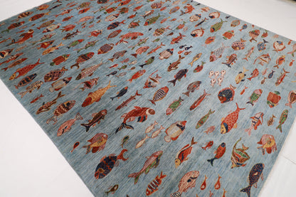 244 x 308 cm | Fish Blue Area Rug Afghan Hand Knotted veg Dye Wool carpet