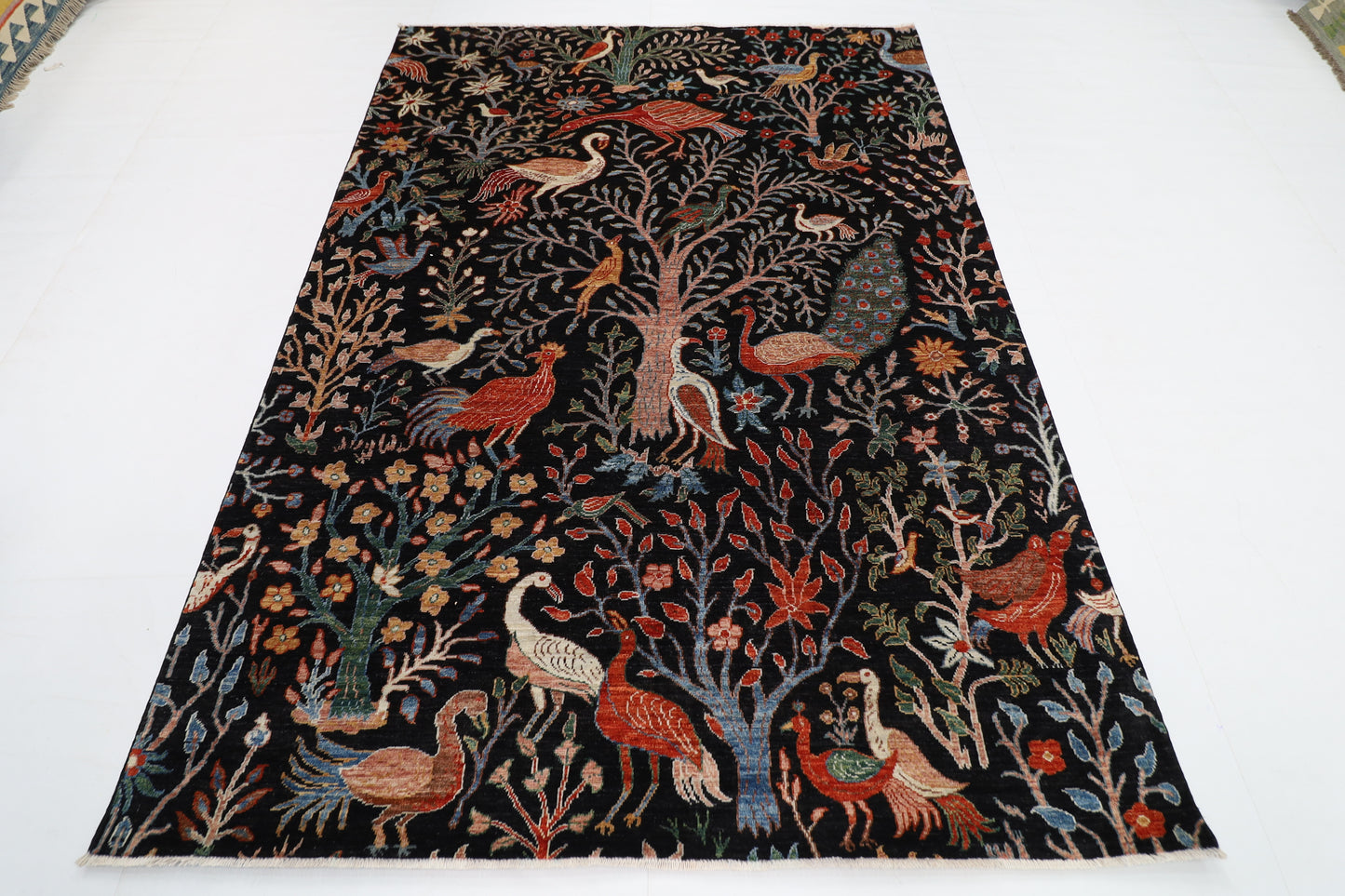 176 x 248 cm | Birds Black Area Rug Afghan Hand Knotted veg Dye Wool carpet