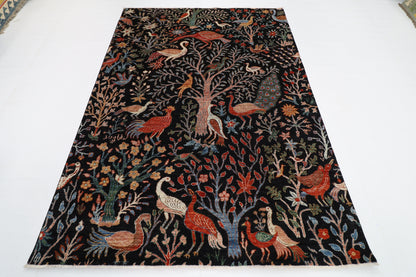 176 x 248 cm | Birds Black Area Rug Afghan Hand Knotted veg Dye Wool carpet