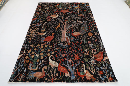 176 x 248 cm | Birds Black Area Rug Afghan Hand Knotted veg Dye Wool carpet