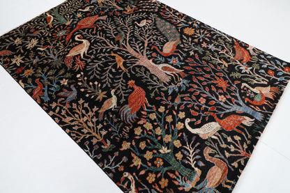 176 x 248 cm | Birds Black Area Rug Afghan Hand Knotted veg Dye Wool carpet