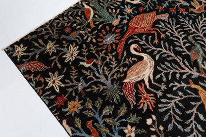 176 x 248 cm | Birds Black Area Rug Afghan Hand Knotted veg Dye Wool carpet